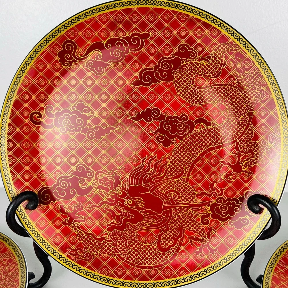 Williams Sonoma Lunar Dinner Plates SET OF 4 Dragon Red Gold 10 3/4